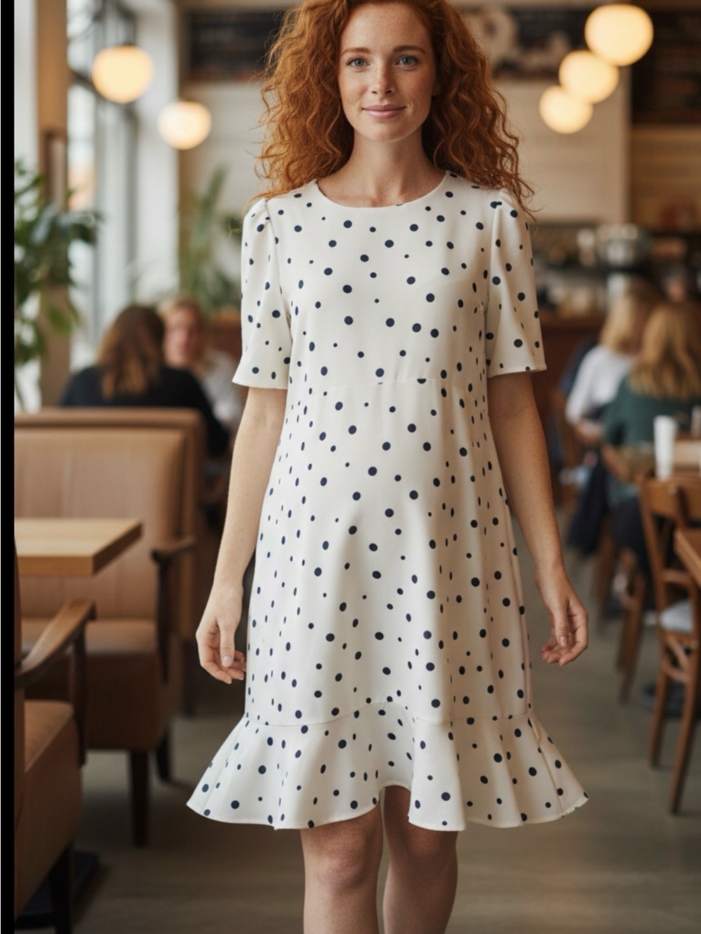 ASOS Maternity White Navy Polka Dot Ruffle Hem Dress US 14